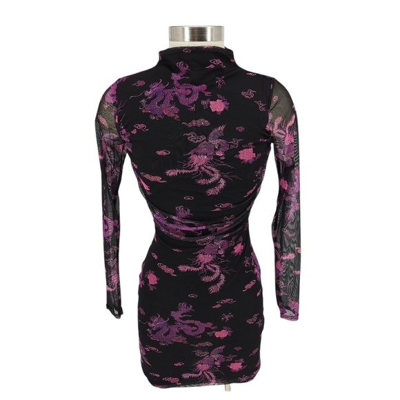 Boohoo Mesh Bodycon Mini Dress Black Oriental Dragon Long Sleeve 4 - Picture 1 of 7